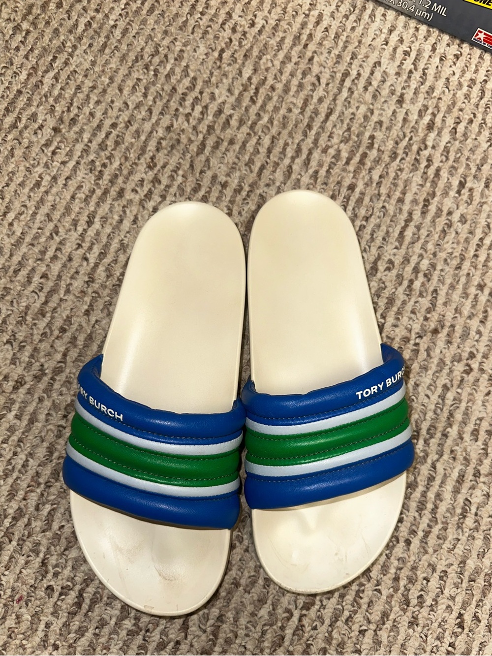 Tory Burch White Footbed Blue and Green Striped Kids Slide Sandals
